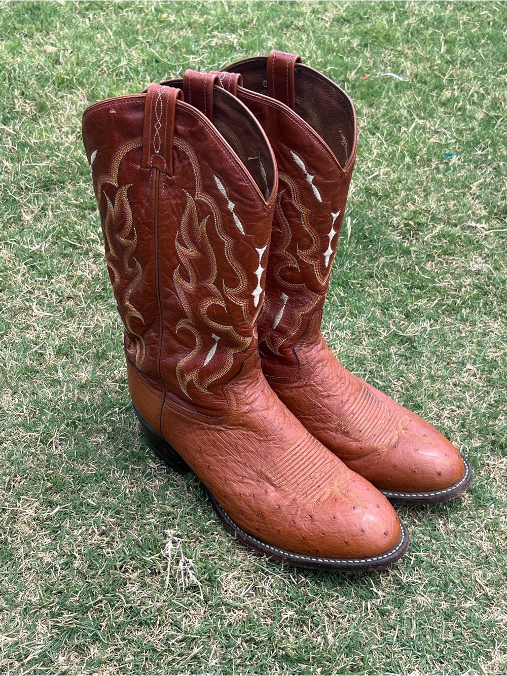 Tony Lama Chestnut Brown Faux Ostrich Embossed Western Cowboy Boots